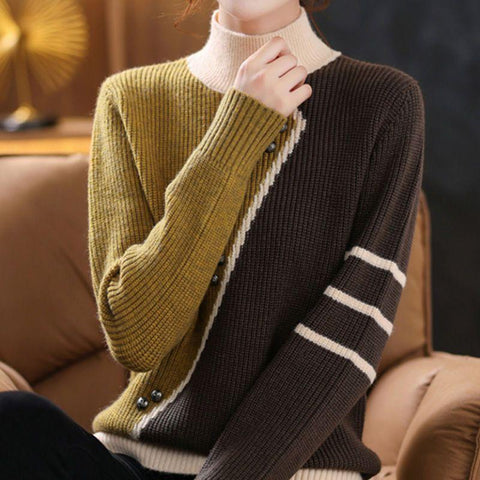 Asymmetrical Striped Button Knitted Splicing Sweaters-WF00098-Veeddydropshipping