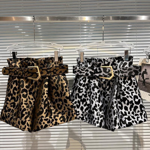 High Waist Metal Belt Leopard Shorts Women-WF00515-Veeddydropshipping