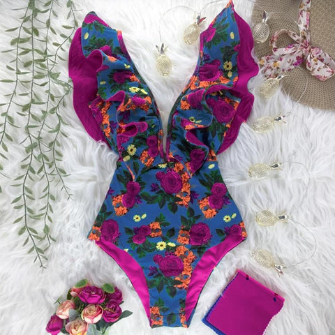 2022 New Sexy Ruffle Print Floral One Piece Swimsuit Off The Shoulder Swimwear-OS00046-Veeddydropshipping