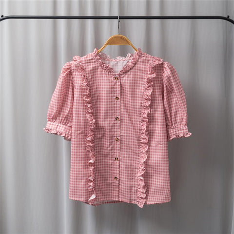 Retro Plaid Single-breasted Shirt Puff Sleeve Ruffled Round Neck-WF00288-Veeddydropshipping