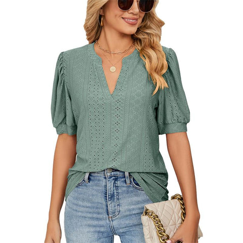 Hollow Out V Neck T-Shirt Women Puffy Sleeve-Veeddydropshipping