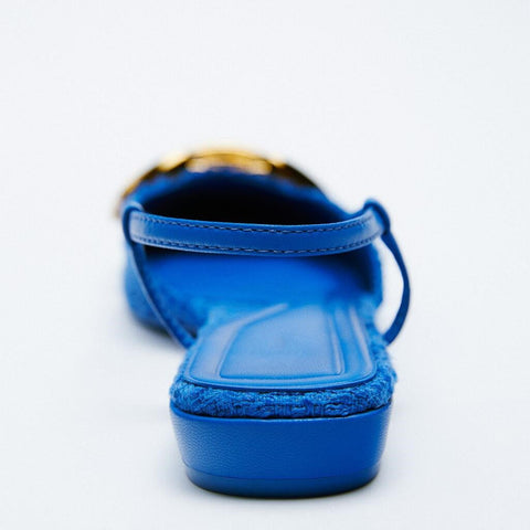 Blue Denim Fabric Flat Sandals Casual Mules Rhinestone-BS00893-Veeddydropshipping