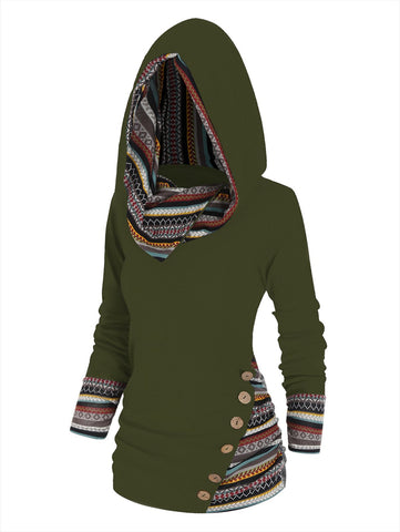 Tribal Geometric Stripe Panel Hooded Knit Top Long Sleeve-Veeddydropshipping