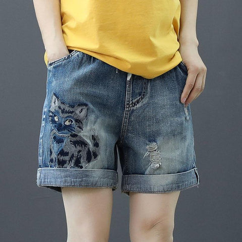 Elastic Waist Denim Shorts Women pants-WF00524-Veeddydropshipping