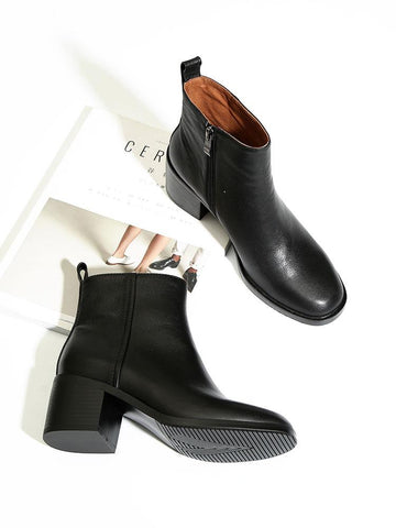 Thick-heeled  boots women leather single boots square toe short-BS01034-Veeddydropshipping