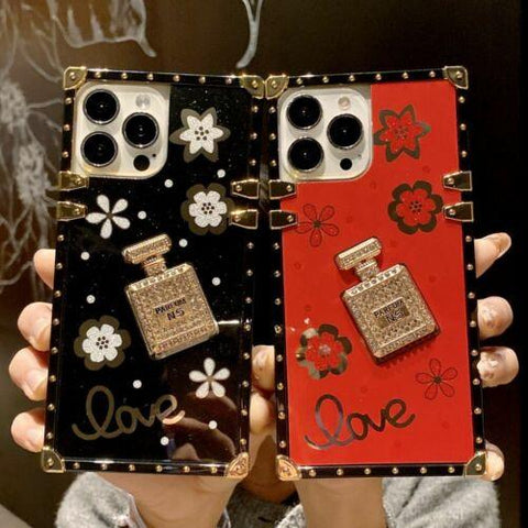 iPhone 14 13 12 11 XS XR 8 Case Rhinestone Flower 3D Perfume Bottle Square Cover-PA00168-Veeddydropshipping