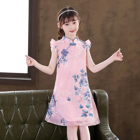 Kids Girl Floral Qipao Pink Dress Formal China Children Clothes Cute-TB00861-Veeddydropshipping