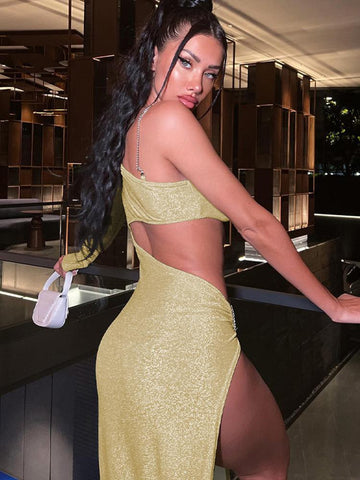 One Shoulder Sexy Dress Women Backless Hollow Out Long Dress-Veeddydropshipping