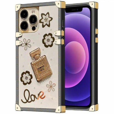 iPhone 14 13 12 11 XS XR 8 Case Rhinestone Flower 3D Perfume Bottle Square Cover-PA00168-Veeddydropshipping