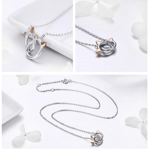 925 Sterling Silver Double Circles Pet Cat Pendant Necklace -JW01233-Veeddydropshipping