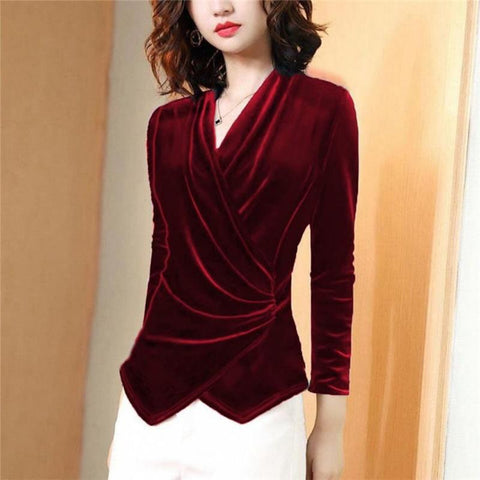 New Women Long Sleeve Velvet T-shirts V-neck Slim-Veeddydropshipping