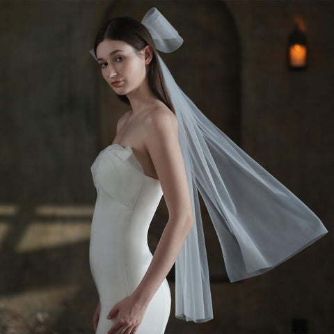Wedding Bridal Big Bow Short Sheer Veils-WF01439-Veeddydropshipping