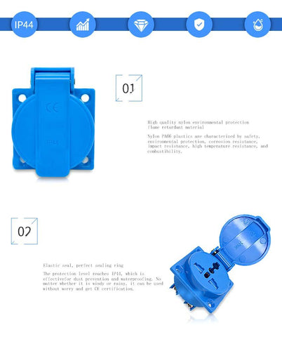 Black blue universal industry safety outlet 10A 250V IP44 CE Multi-function waterproof dusrproof -CE00154-Veeddydropshipping