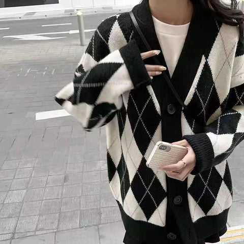 Knitted Sweater Cardigan Woman Coat Diamond Sweater Jumpers-Veeddydropshipping