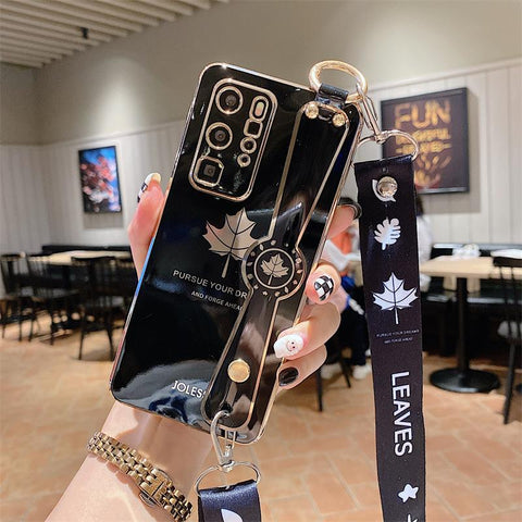 Luxury Plating Maple Wrist Strap Phone Holder Case for Samsung S21 FE-PA00225-Veeddydropshipping