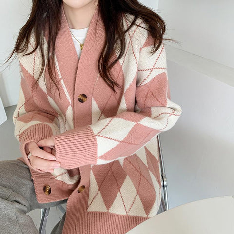 Knitted Sweater Cardigan Woman Coat Diamond Sweater Jumpers-Veeddydropshipping