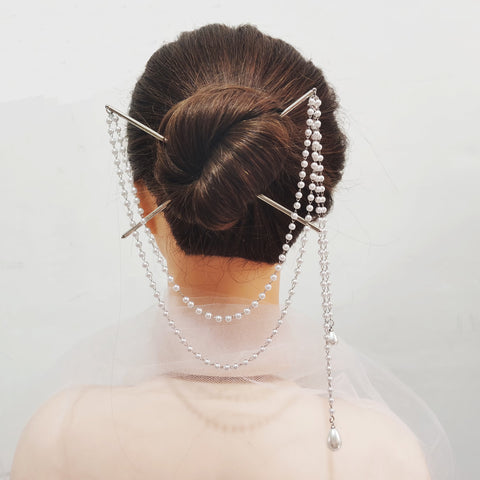 Double Chain Hair Fork Pearl Tassel Hair Stick Hairpin -JW00544-Veeddydropshipping