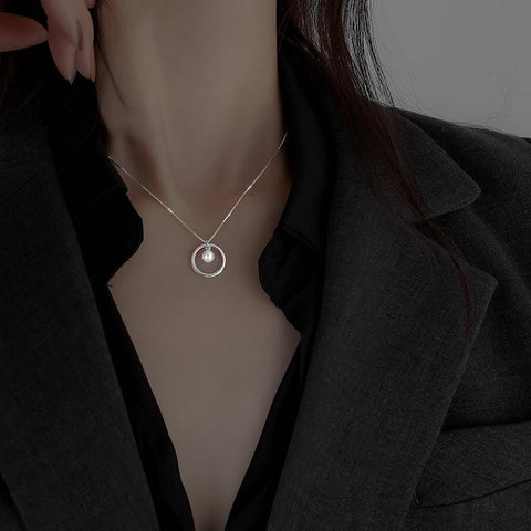 Silver Delicate Round Pearl Pendant Necklace  -JW00291-Veeddydropshipping