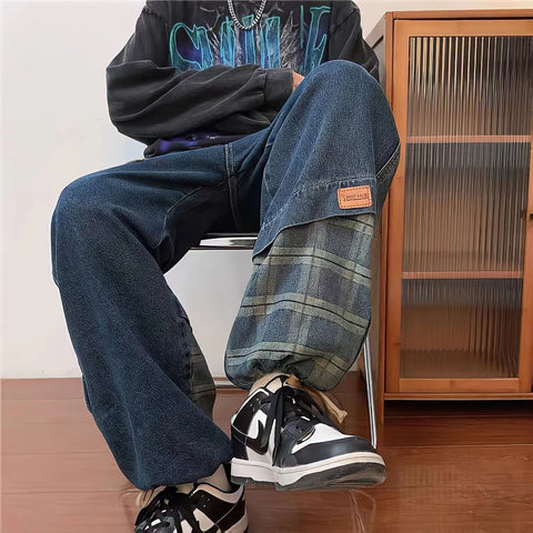 Streetwear Paneled Jeans Man Plaid Baggy Straight-MF00517-Veeddydropshipping
