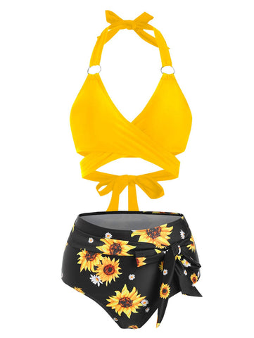 Ring Sunflower Knot High Waisted Wrap Bikini Swimwear Two Piece Swimsuit Girl -OS00278-Veeddydropshipping