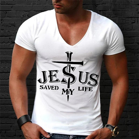 Jesus Printed Men's T-shirt New V-neck Short Sleeve Men's Clothing Fashion Slim Fit-Veeddydropshipping