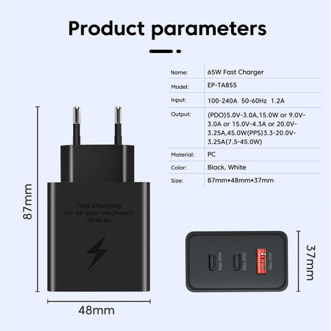 Quick Charge 105W USB Type-C 3 Port Wall Charging For iPhone 14 Mobile Phone EU US Plug-PA00350-Veeddydropshipping