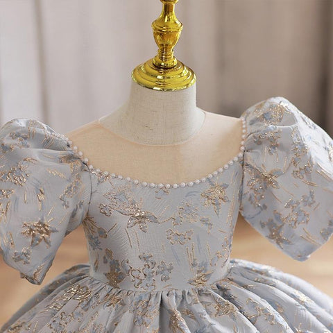 Baby Girl Princess Pearl Beading Satin Dress Puff Sleeve Child Vintage-TB00862-Veeddydropshipping
