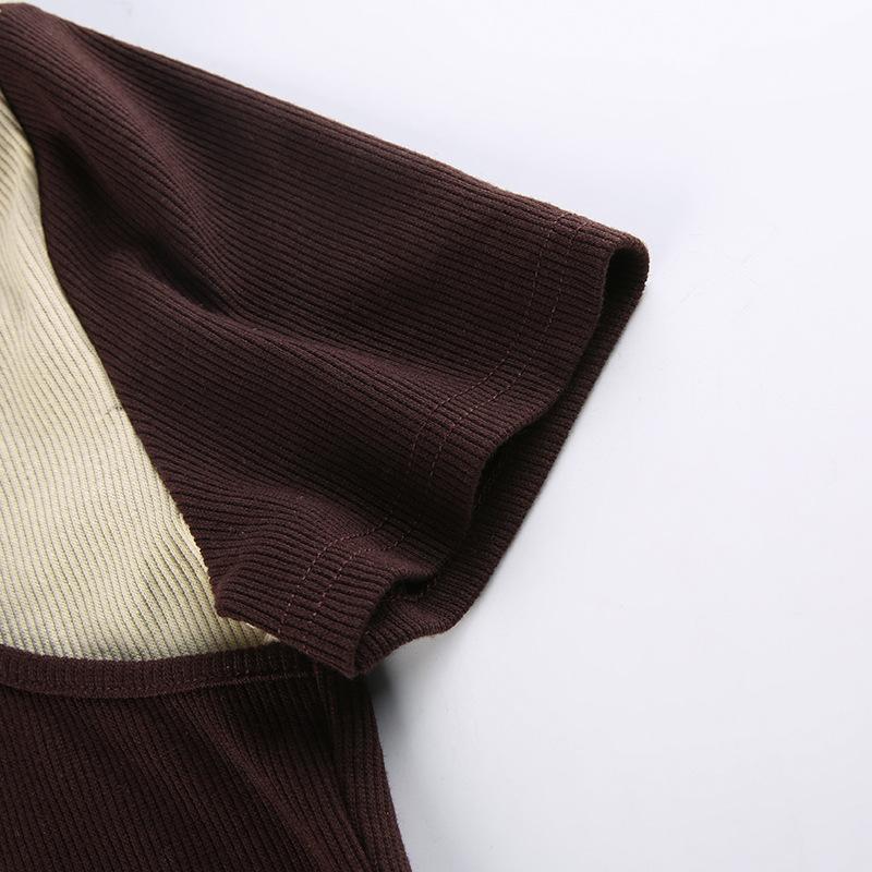 Women Contrast Color Irregular Halter Neck Slim Short T-Shirt-Veeddydropshipping