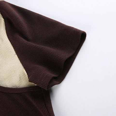Women Contrast Color Irregular Halter Neck Slim Short T-Shirt-Veeddydropshipping