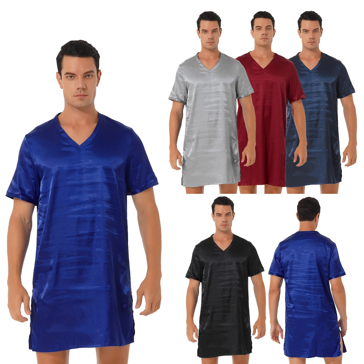 Sleep Tops V Neck Short Sleeve Sleepwear Soft Nightclothes Sides Split-MF01607-Veeddydropshipping