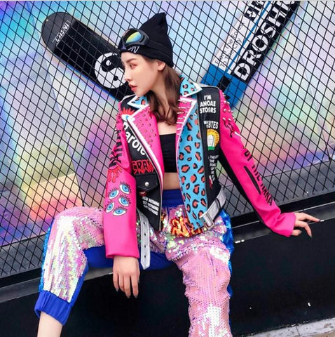 Designer Punk Motorcycle Biker Jacket Women-Veeddydropshipping