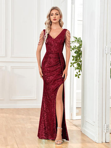 Women Elegant V-Neck Sequins Party Dress-WF01587-Veeddydropshipping