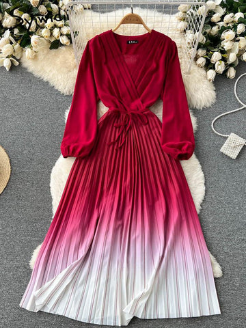 Gradient Pleated Dress for Women V Neck Long Sleeve-Veeddydropshipping