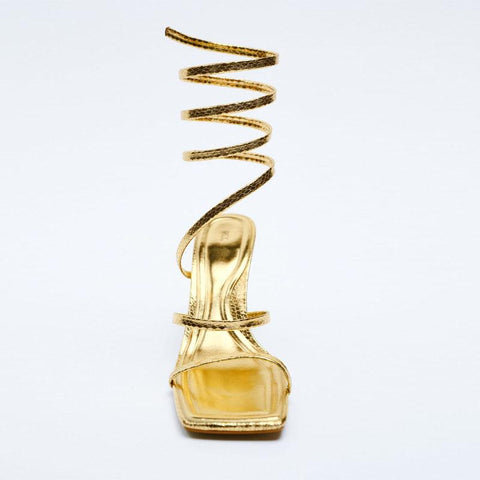 High-heeled Shoes 2022 TRAF ZAZA Gold Spiral Strap Fashion Sandals-BS00887-Veeddydropshipping