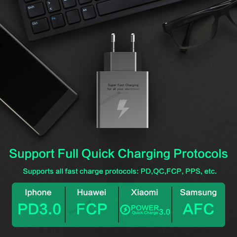 USB PD 65W Fast Charging Charger 3Ports Type C Quick Charger 3.0 Mobile Phone Adapter-PA00045-Veeddydropshipping