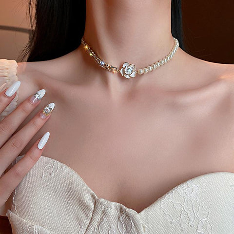 White Flower Crystal Choker Necklaces for Women Pearl -JW01347--Veeddydropshipping