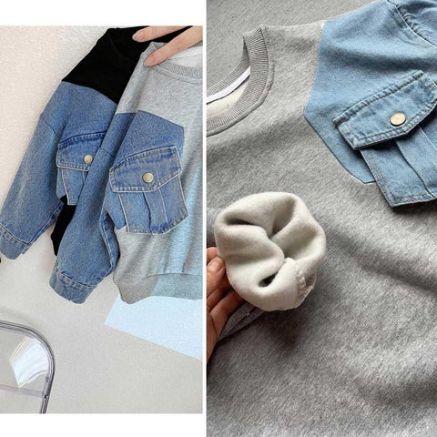 Boys Denim Sweatshirt Kids Stitching Sleeved Loose Sweater-Veeddydropshipping