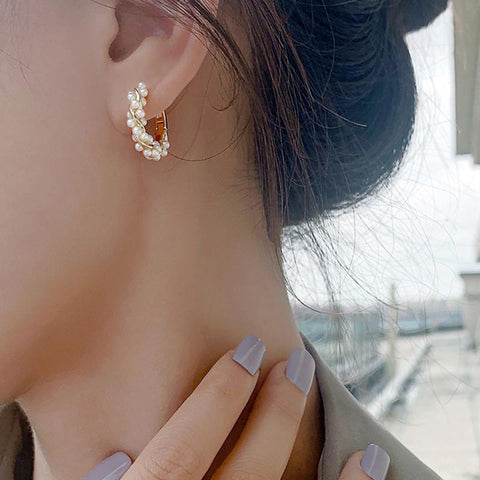 Pearl Metal Twist Hoop Earrings Jewelry Party Sweet Accessories -JW00159-Veeddydropshipping