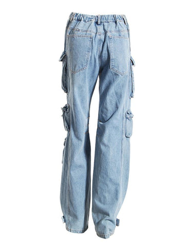 Women Jeans High Waist Straight Big Pockets-WF00076-Veeddydropshipping
