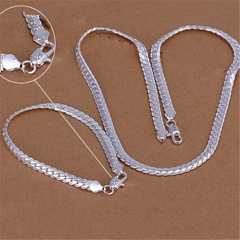 925 Sterling Silver European style retro flat chain necklace bracelets fashion  -JW00189-Veeddydropshipping