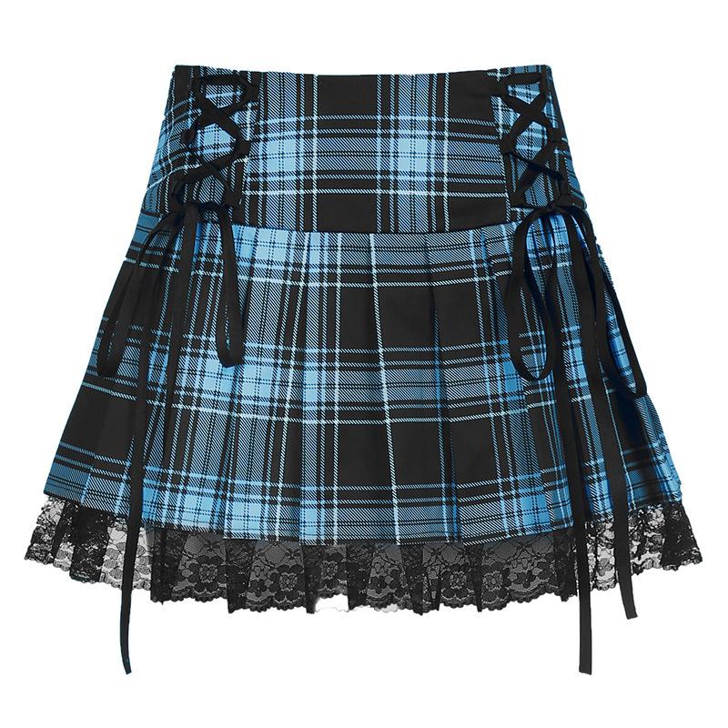 Sexy Lace-up Lace Plaid Pleated Skirt-Veeddydropshipping