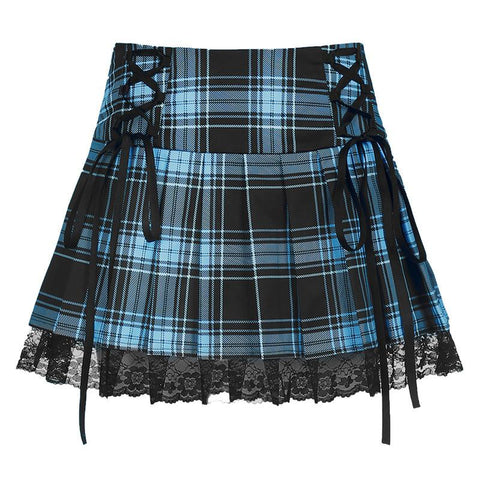 Sexy Lace-up Lace Plaid Pleated Skirt-Veeddydropshipping