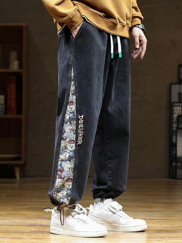 Jeans Baggy Pants Fashion Bear Patchwork Wide  Leg Denim-MF00556-Veeddydropshipping