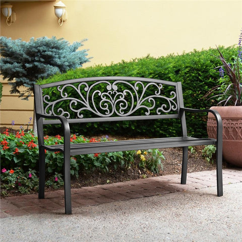 Outdoor Metal Garden Bench With Scroll Floral Pattern-HA01714-Veeddydropshipping
