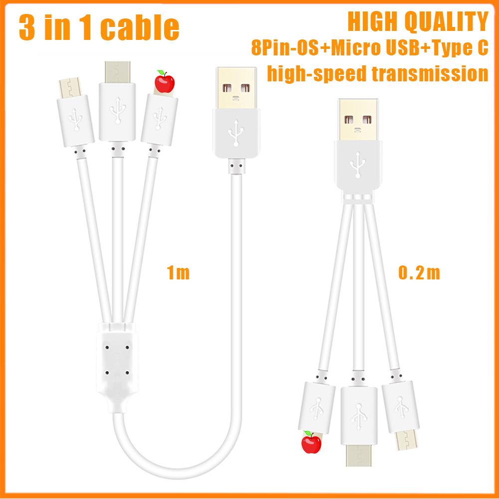 0.22M 1M 3 In 1 Short Fast Charging Cable Compatible For iP/Micro Usb/Type C-PA00027-Veeddydropshipping