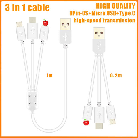 0.22M 1M 3 In 1 Short Fast Charging Cable Compatible For iP/Micro Usb/Type C-PA00027-Veeddydropshipping