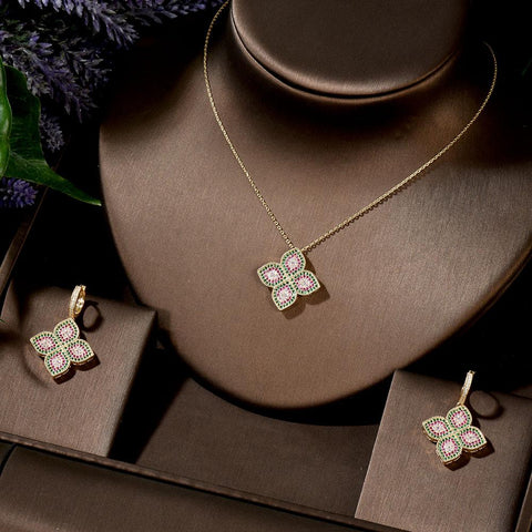 Luxury Sweet Lucky Clover Necklace and Earring Jewelry Set -JW01350-Veeddydropshipping