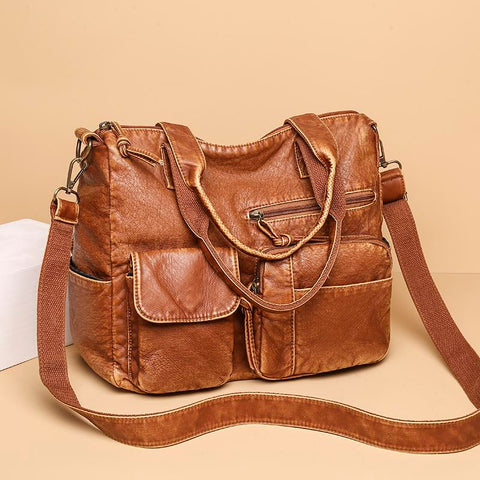 Handbags Pu Leather Soft Tote Bags Large Capacity Brown Shoulder-BS00125-Veeddydropshipping