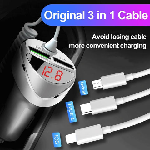 QC 3.0 Quick Car Charger With 3 in 1 USB Cable For iphone-PA01132-Veeddydropshipping