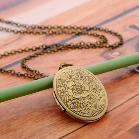 Flower Stripe Locket Pendant Necklace Vintage jewelry-JW01196-Veeddydropshipping